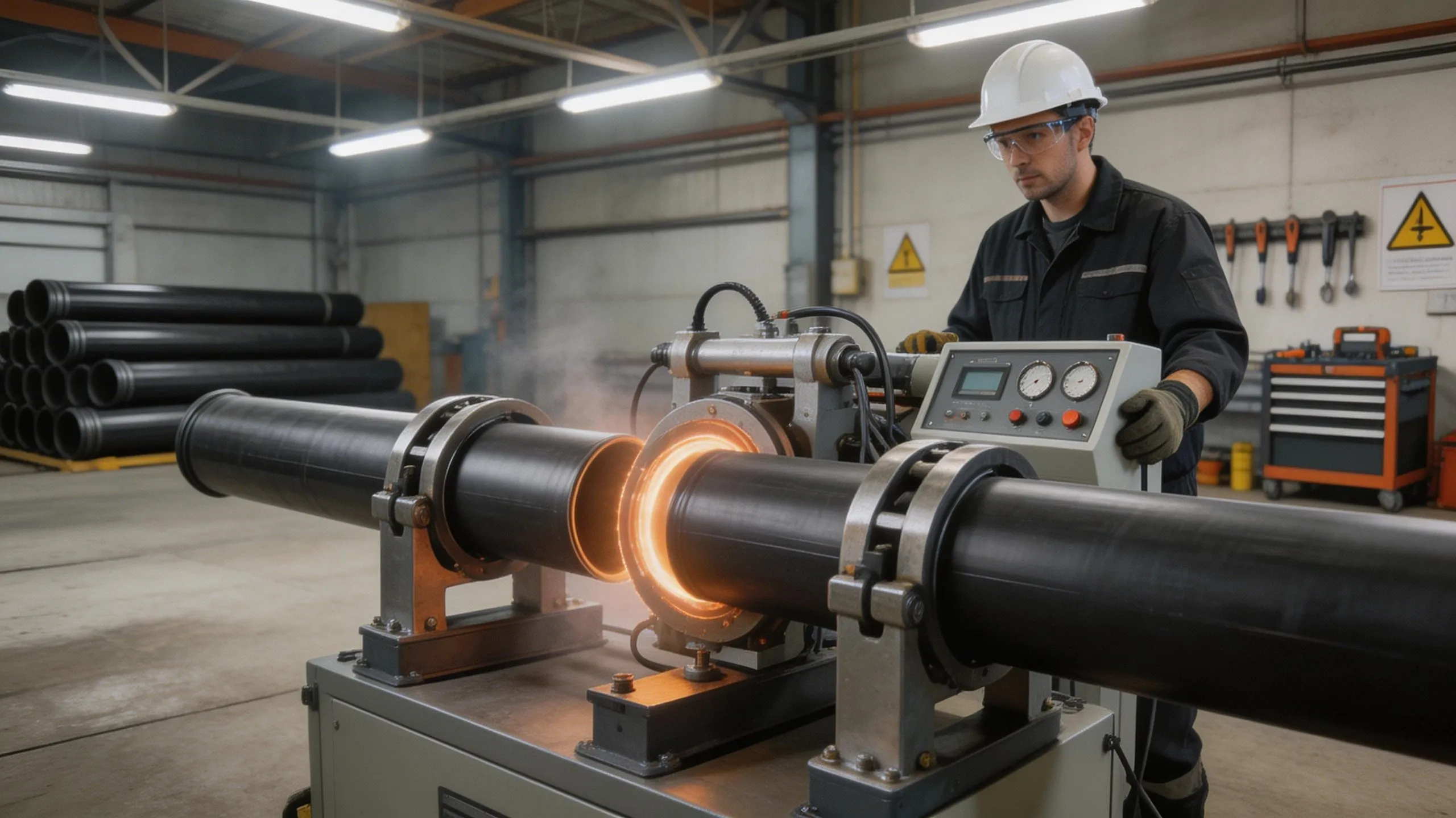 Technician operating automatic pipe welding machine on large diameter pipes in factory