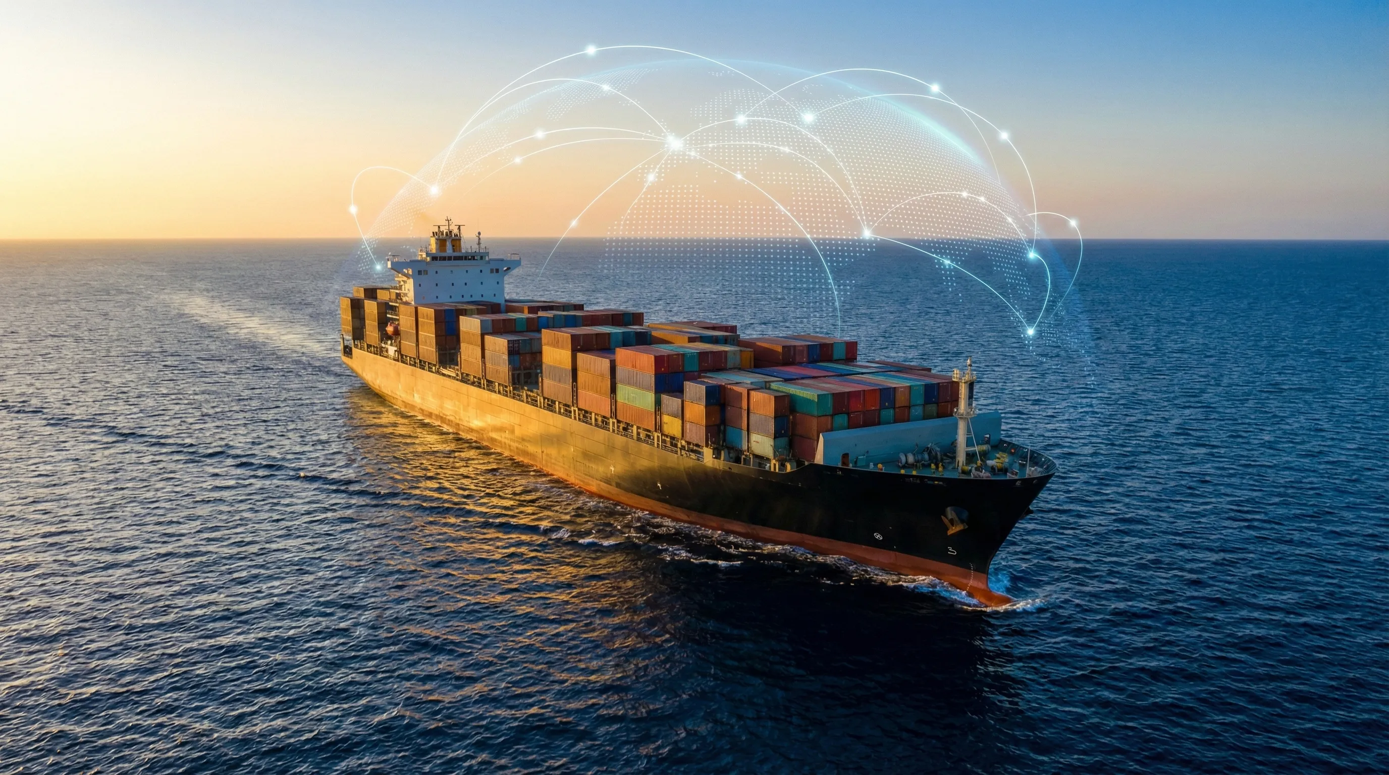 Cargo ship transporting containers across ocean representing international pipe logistics