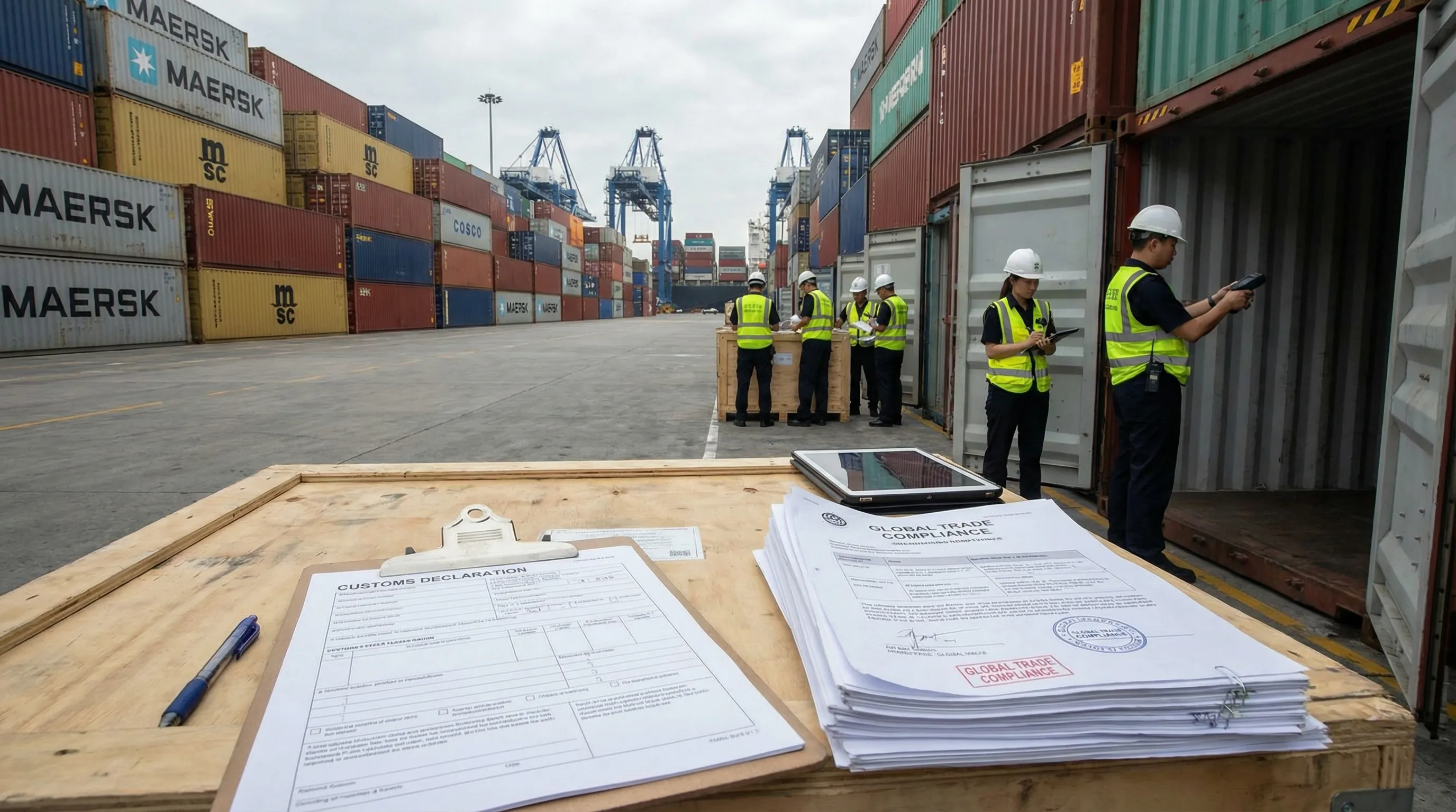 Customs inspection area at international port with shipping containers and documents